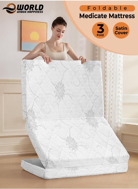 Premium Tri-Fold Medicated Foam Mattress with White Satin Cover, Portable and Multi-Functional Classic Mattress for Lounging, Seating and Travel in 180 x 90 x 7 cm