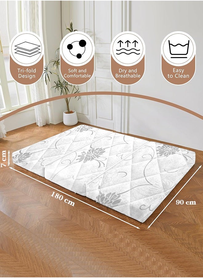 Eworld - Premium Tri-Fold Medicated Foam Mattress with White Satin Cover, Portable and Multi-Functional Classic Mattress for Lounging, Seating and Travel in 180 x 90 x 7 cm - Image 1