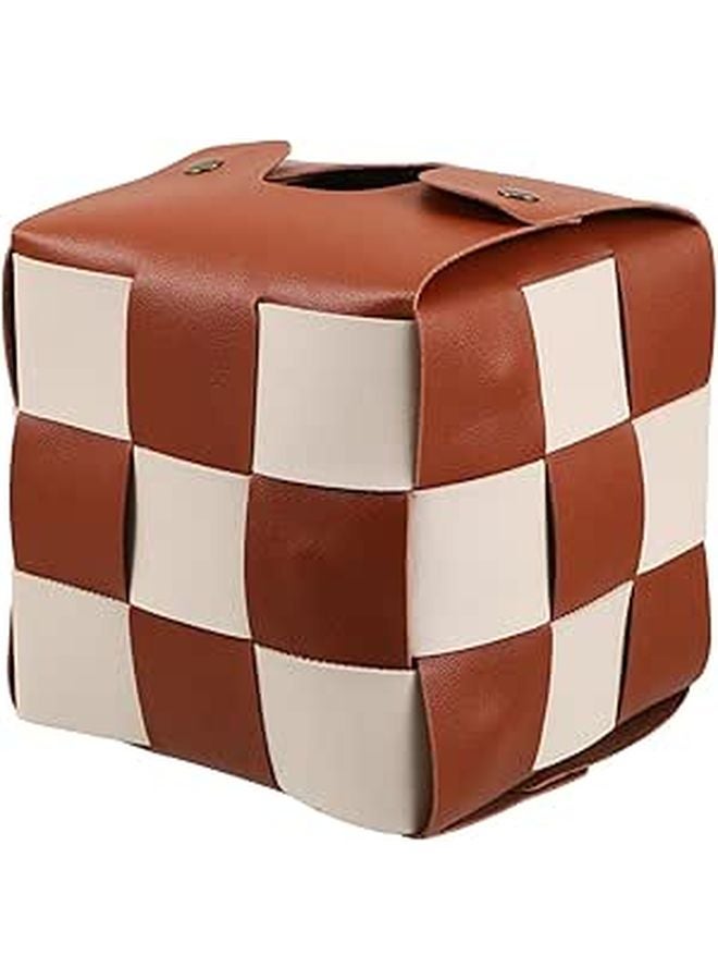 Faux Leather Tissue Box Cover Cube Holder Brown Vanity Organizer For Bathroom Bedroom Office - Image 1