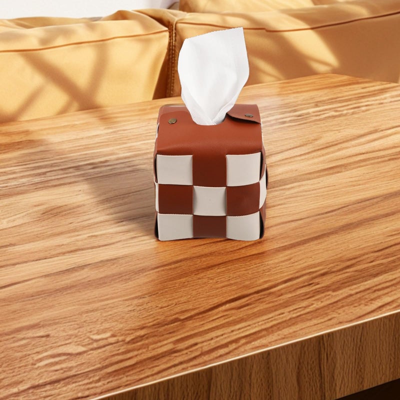 Faux Leather Tissue Box Cover Cube Holder Brown Vanity Organizer For Bathroom Bedroom Office - Image 5
