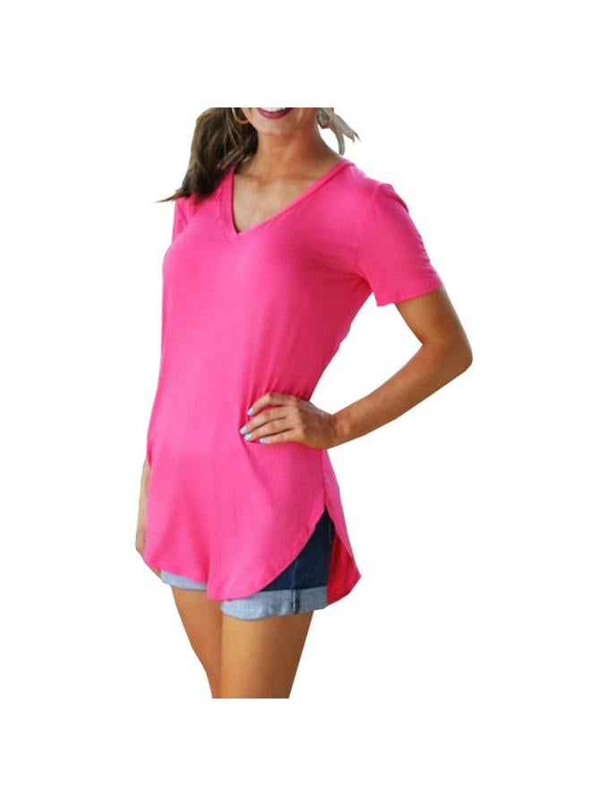 Source European And American Summer Women's V-neck Short-sleeved Loose T-shirt Bottom Arc Large Size Solid Color Top For Women