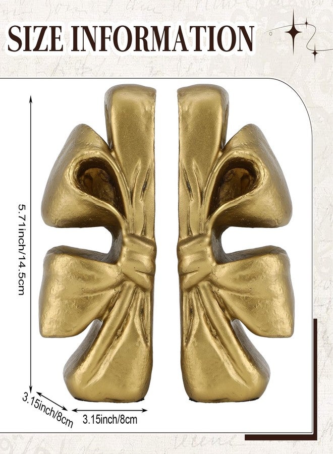 YooNotee Vintage Gold Bow Bookend Set of 2 Heavy Duty Decorative Bowknot Book Ends Resin Bookends with Non Slip Felt Base Muted Matte Book Stopper Holder Shelf Organizer for Desk Home Office Decor - Image 2