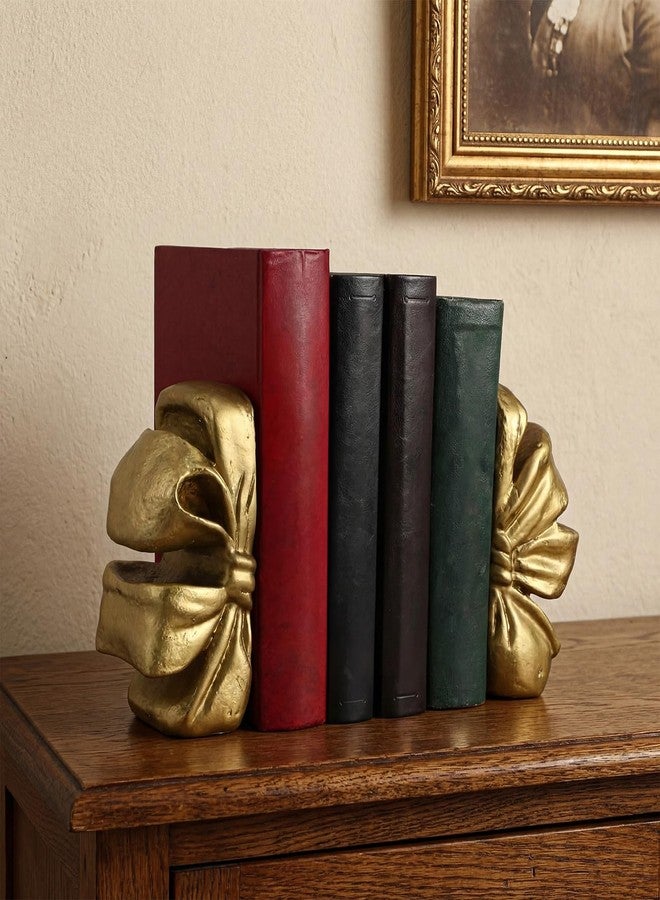 YooNotee Vintage Gold Bow Bookend Set of 2 Heavy Duty Decorative Bowknot Book Ends Resin Bookends with Non Slip Felt Base Muted Matte Book Stopper Holder Shelf Organizer for Desk Home Office Decor - Image 1