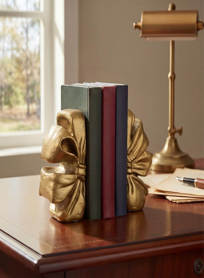 YooNotee Vintage Gold Bow Bookend Set of 2 Heavy Duty Decorative Bowknot Book Ends Resin Bookends with Non Slip Felt Base Muted Matte Book Stopper Holder Shelf Organizer for Desk Home Office Decor - Image 5
