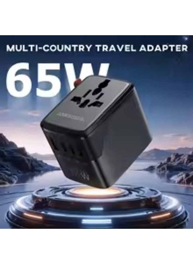 Travel Adapter 65W Charger, 5-in-1 Power Adapter with 2 USB-A and 2 USB-C Charging Ports, Worldwide Compatibility, Black - Image 1