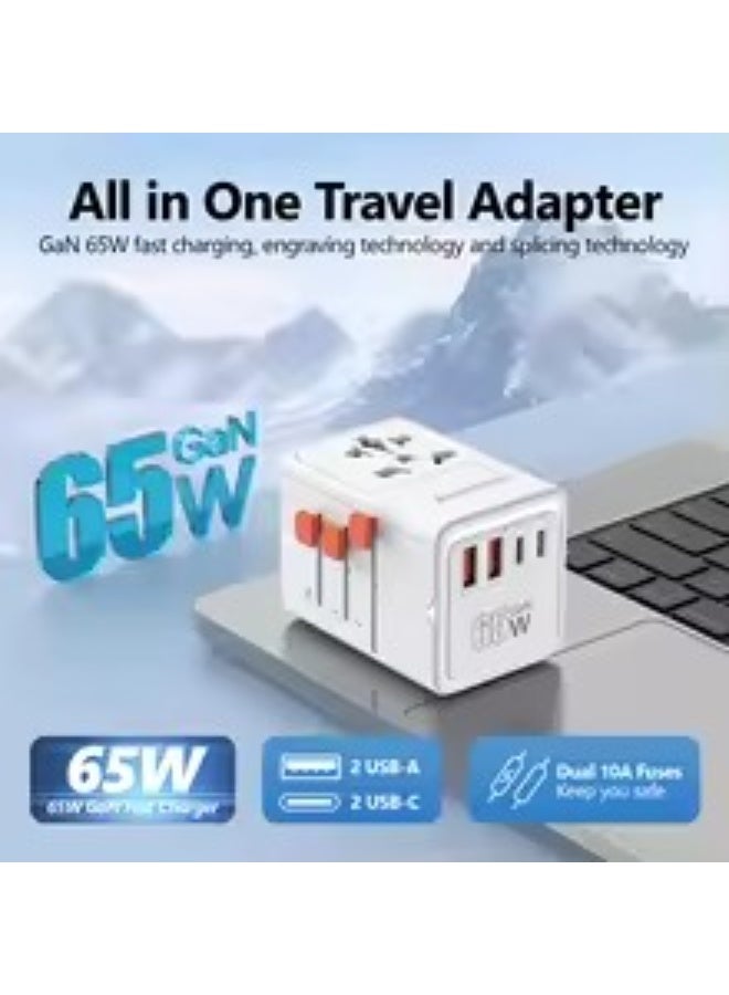 Travel Adapter 65W Charger, 5-in-1 Power Adapter with 2 USB-A and 2 USB-C Charging Ports, Worldwide Compatibility, Black - Image 2