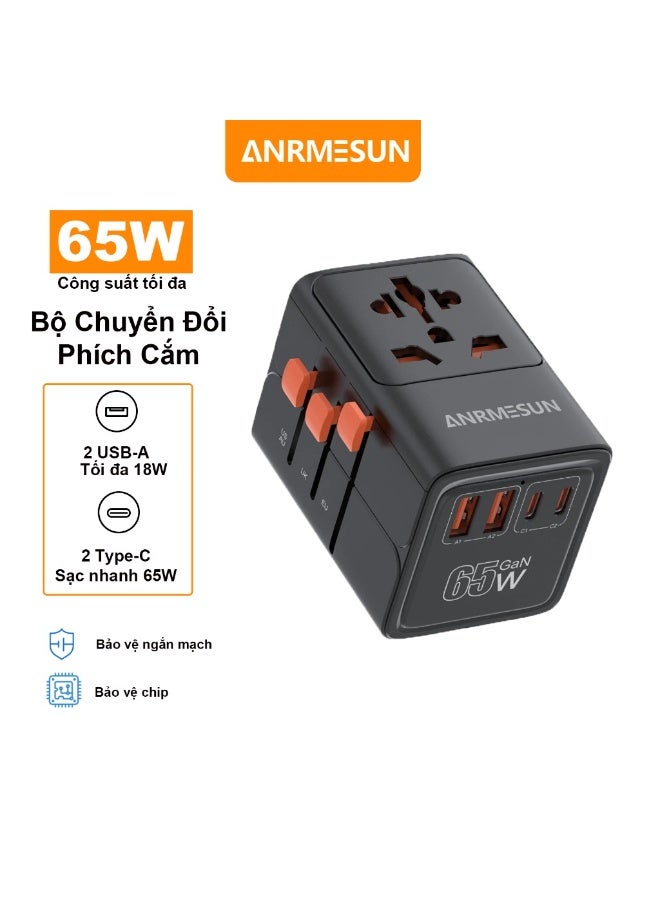 Travel Adapter 65W Charger, 5-in-1 Power Adapter with 2 USB-A and 2 USB-C Charging Ports, Worldwide Compatibility, Black - Image 4