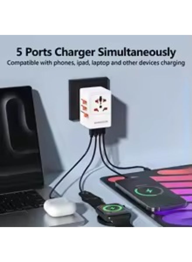 Travel Adapter 65W Charger, 5-in-1 Power Adapter with 2 USB-A and 2 USB-C Charging Ports, Worldwide Compatibility, Black - Image 3