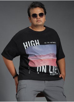 Regular Fit Black Graphic Printed Round Neck T-Shirt for Men