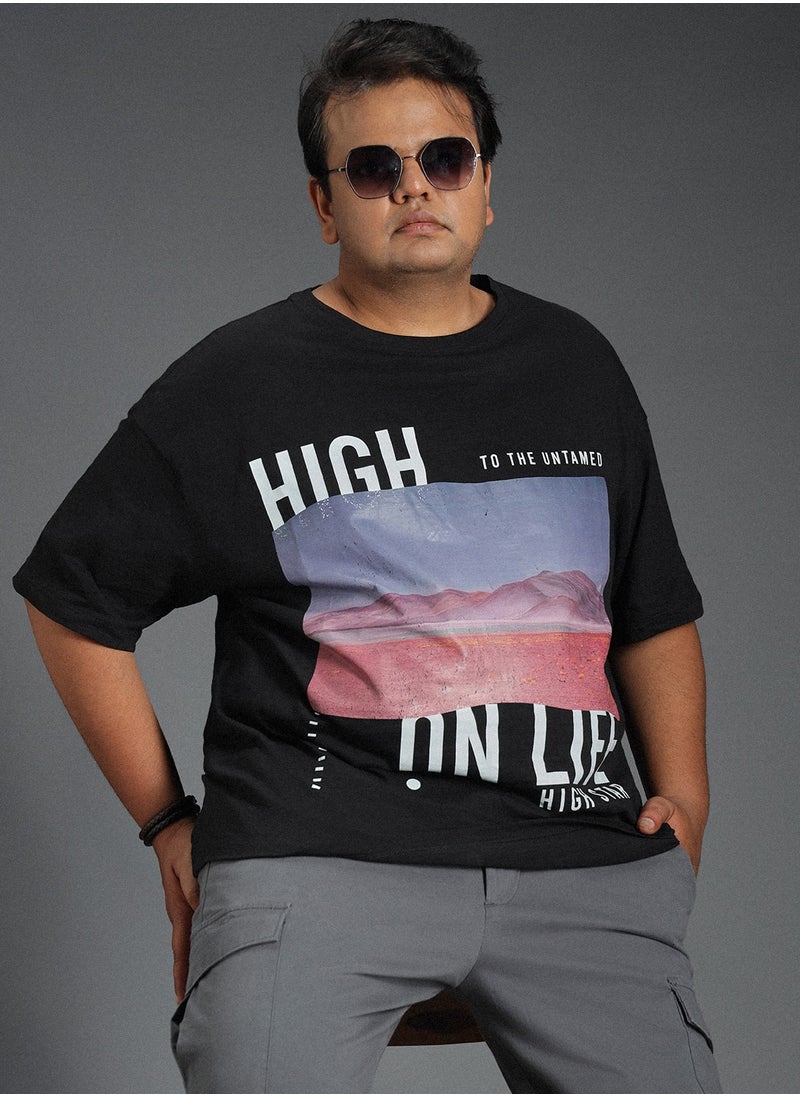 HIGH STAR - Regular Fit Black Graphic Printed Round Neck T-Shirt for Men - Image 1