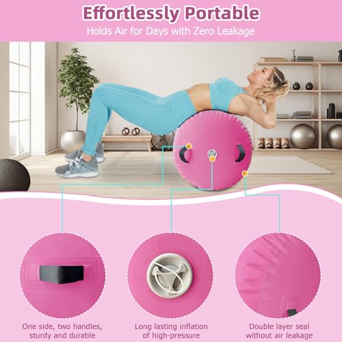 Vapaus Gymnastics Air Barrel Inflatable Tumbling Roller Mat Back Handspring Trainer Air Tumbler Octagon Barrel Gymnastics Equipment for Tumble Track Cheerleading Yoga Training Durable AntiSlip Double Seal Without Pump (Pink, (L)39.3inch x (Diameter)29.5inch) - Image 2
