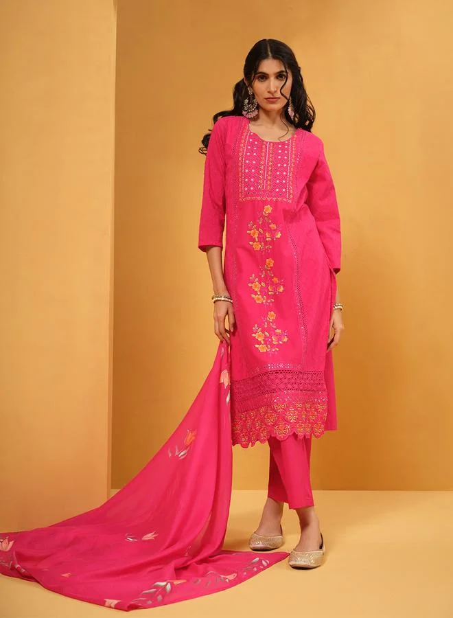 آي شين طقم كورتا نسائي من  قطع باللون الوردي من القطن المطرز بطول الكاحل مع بنطلون بالازو بقصة مستقيمة