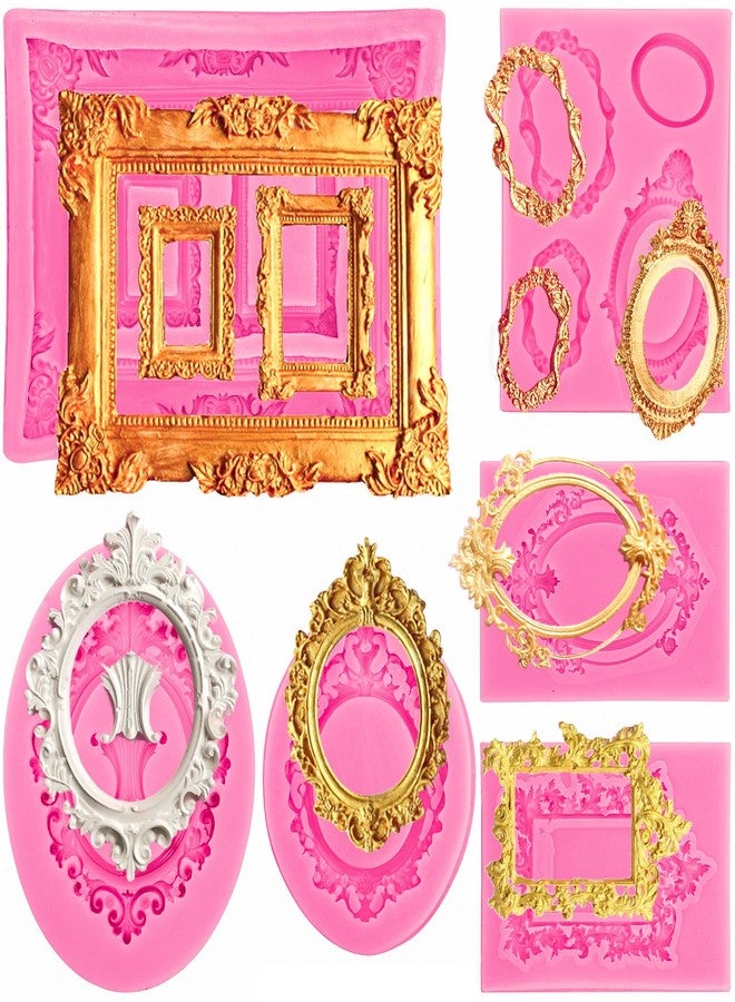 Elsjoy 6 Pieces Picture Frame Silicone Fondant Molds, Pink Cake Mold Vintage Photo Frame Fondant Mold for Cake Decorating, Sugar, Chocolate, Butter, Baroque Style - Image 1