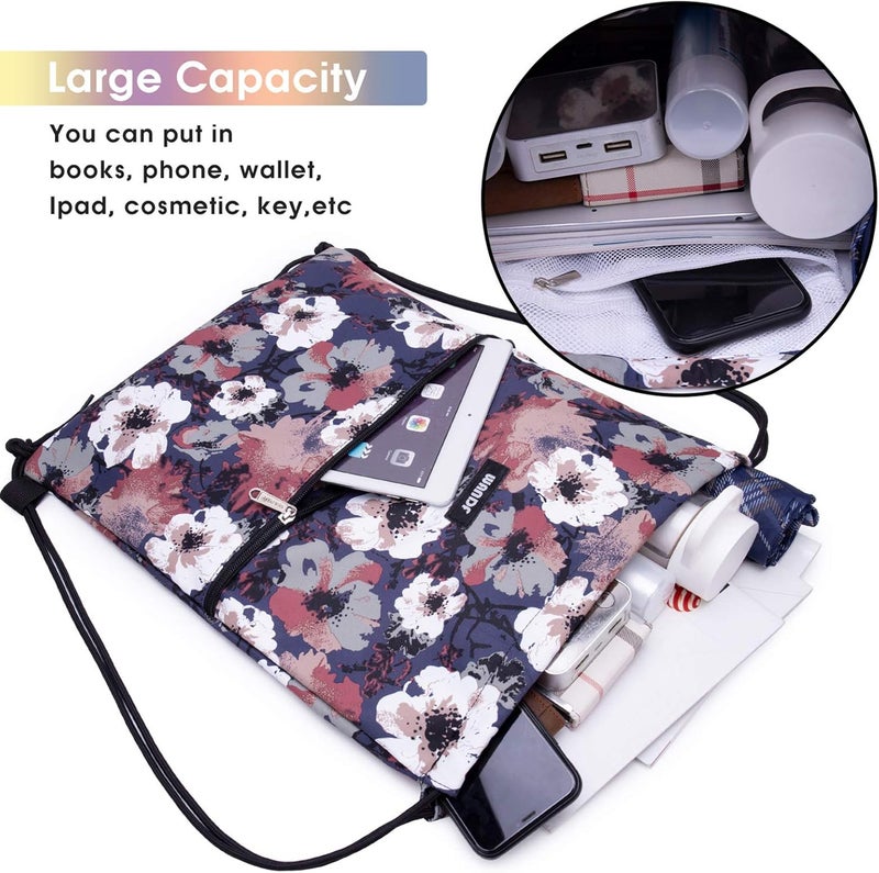 WANDF Drawstring Backpack String Bag Sackpack Cinch Water Resistant Nylon for Gym Shopping Sport Yoga (Blue Flower) - Image 2