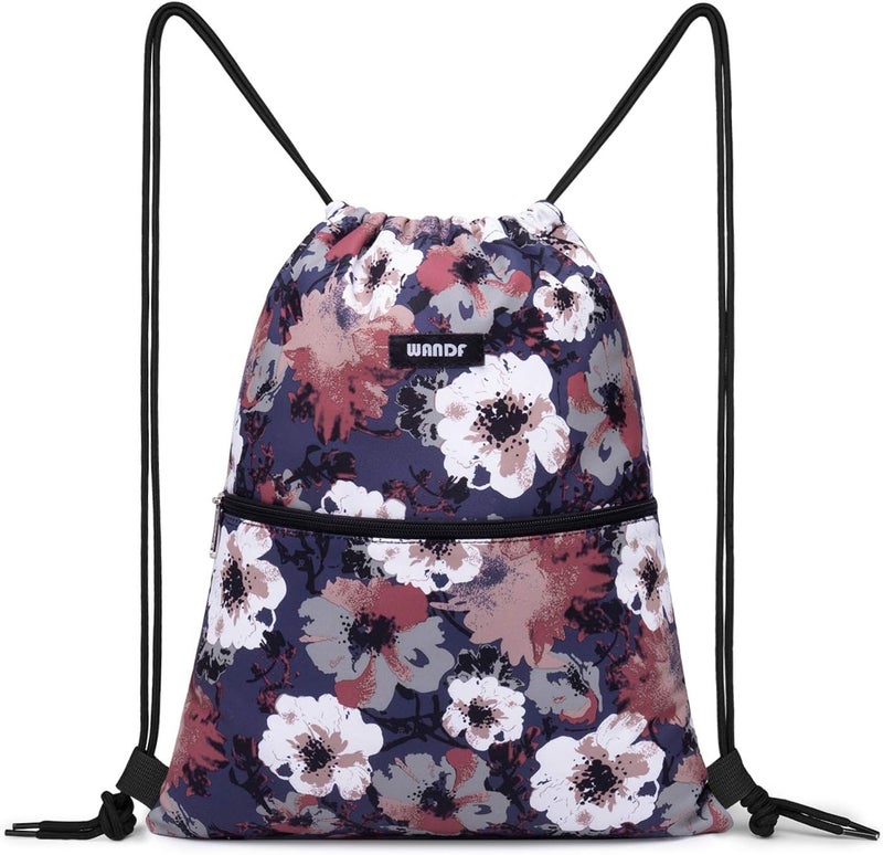 WANDF Drawstring Backpack String Bag Sackpack Cinch Water Resistant Nylon for Gym Shopping Sport Yoga (Blue Flower) - Image 1