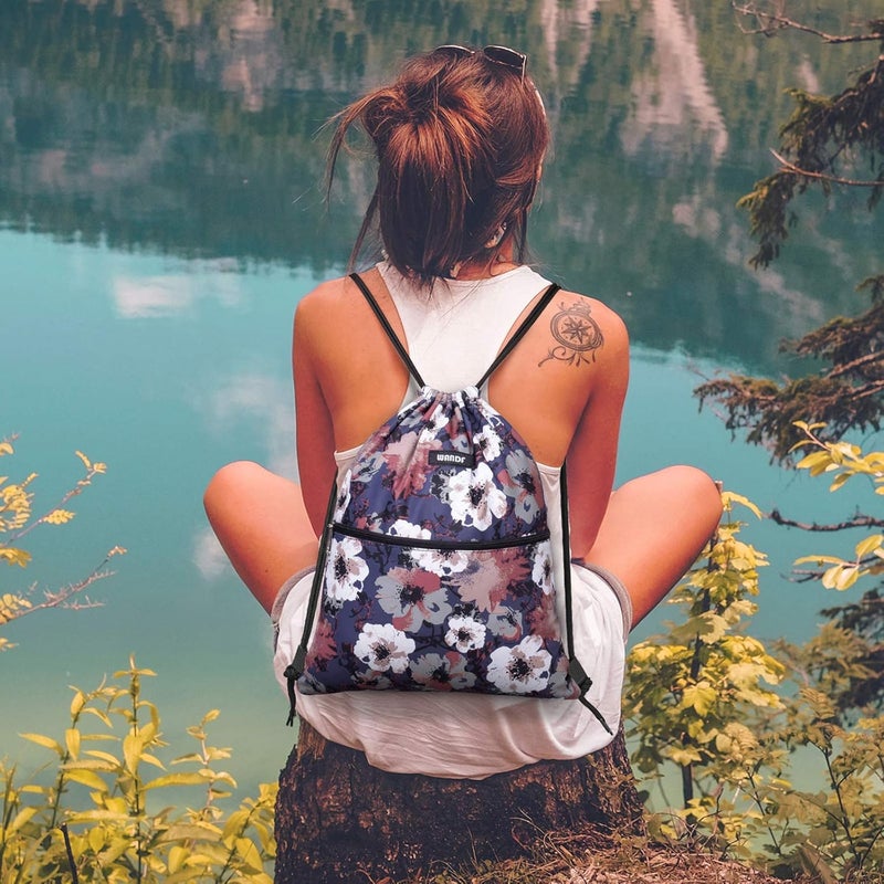 WANDF Drawstring Backpack String Bag Sackpack Cinch Water Resistant Nylon for Gym Shopping Sport Yoga (Blue Flower) - Image 5