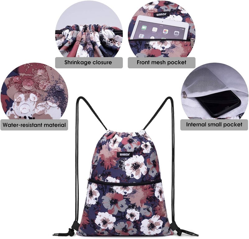 WANDF Drawstring Backpack String Bag Sackpack Cinch Water Resistant Nylon for Gym Shopping Sport Yoga (Blue Flower) - Image 3