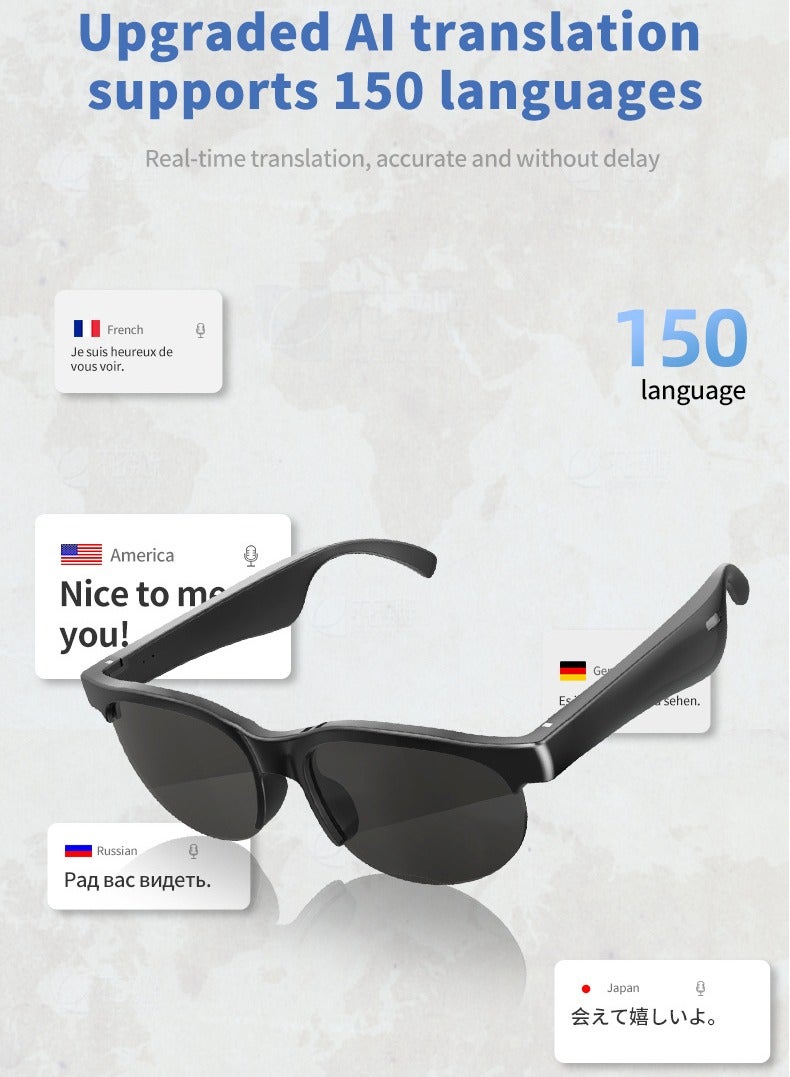 AI Translation Smart Bluetooth Glasses, Real-Time Multi-Language Translator Glasses, Supports 150+ Languages with Accurate and Delay-Free Translation, Ideal for Daily Life  Work, Bluetooth 5.4, Wireless Range 10-15m, 80mAh Battery, 4H Call Time, 120 Days Standby, Fast Charging (0.8H) - Image 1