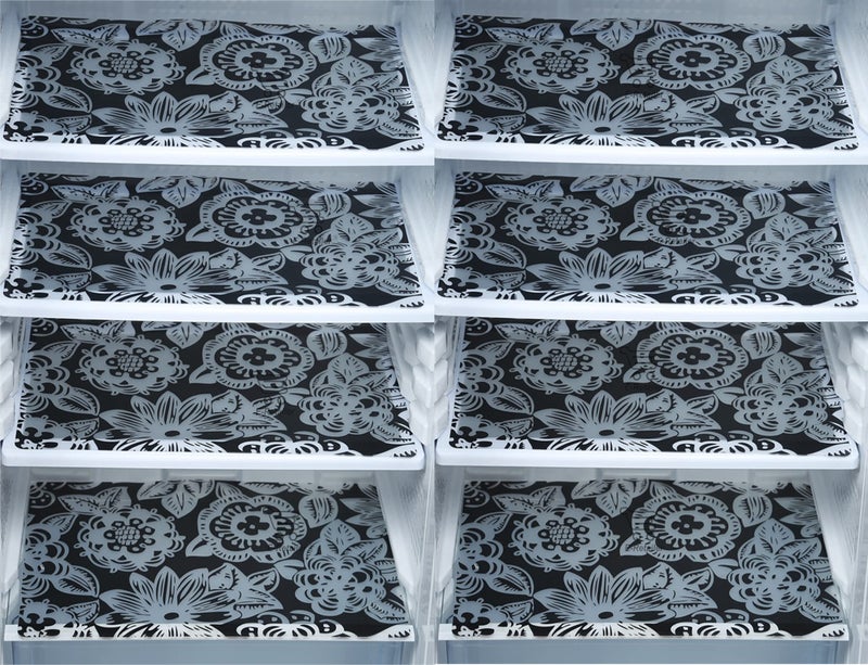 E-Retailer® Waterproof PVC Refrigerator Drawer Mats/Multipurpose Mats/Fridge Mats Set of 8 Pc. (Color-Floral Black, Size-17.5X11.5 Inches) - Image 1