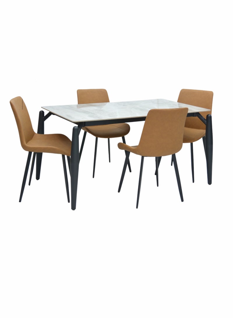 KARNAK Karnak 5-Pieces Modern Design Marble Dining Table Set (1+4) With Steel Legs And Pvc Leather 4 Chairs Set And 1 Table With marble top and leg stainless steel, for Dining Room Kitchen Lounge Adjustable - Image 1