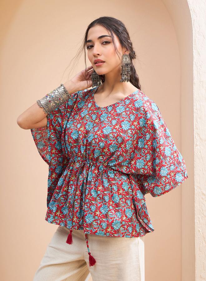 SASSAFRAS Red Floral Kaftan Kurti - Image 3
