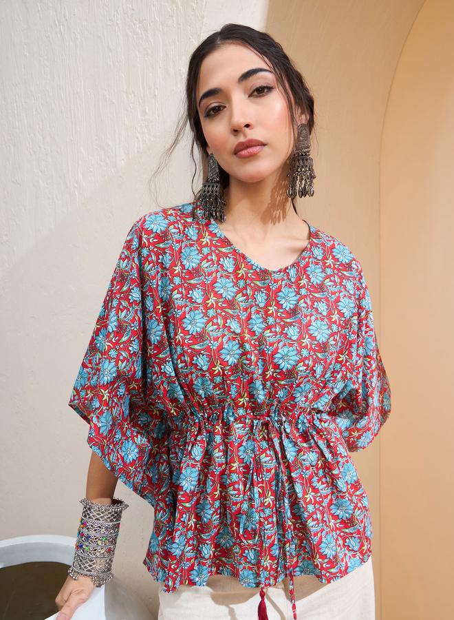 SASSAFRAS Red Floral Kaftan Kurti - Image 1