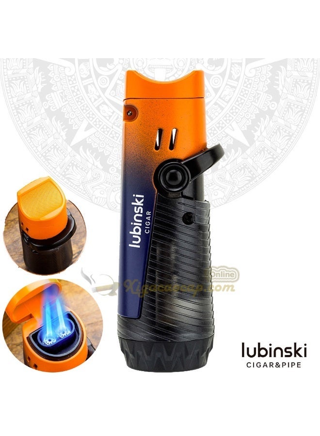 Lubinski Portable Double Direct Blue Flame Windproof Lighter with Holder – Refillable Gas, Orange - Image 5