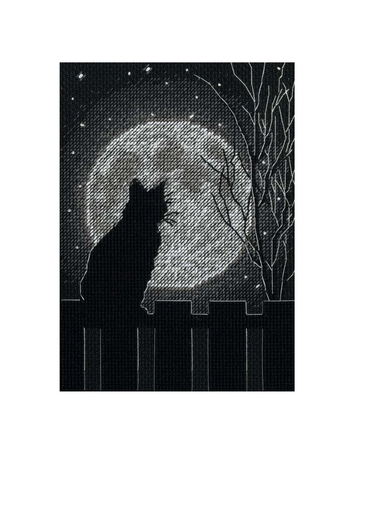 Black Moon Cat Counted Cross Stitch Kit 5 inch x 7 inch - Image 1