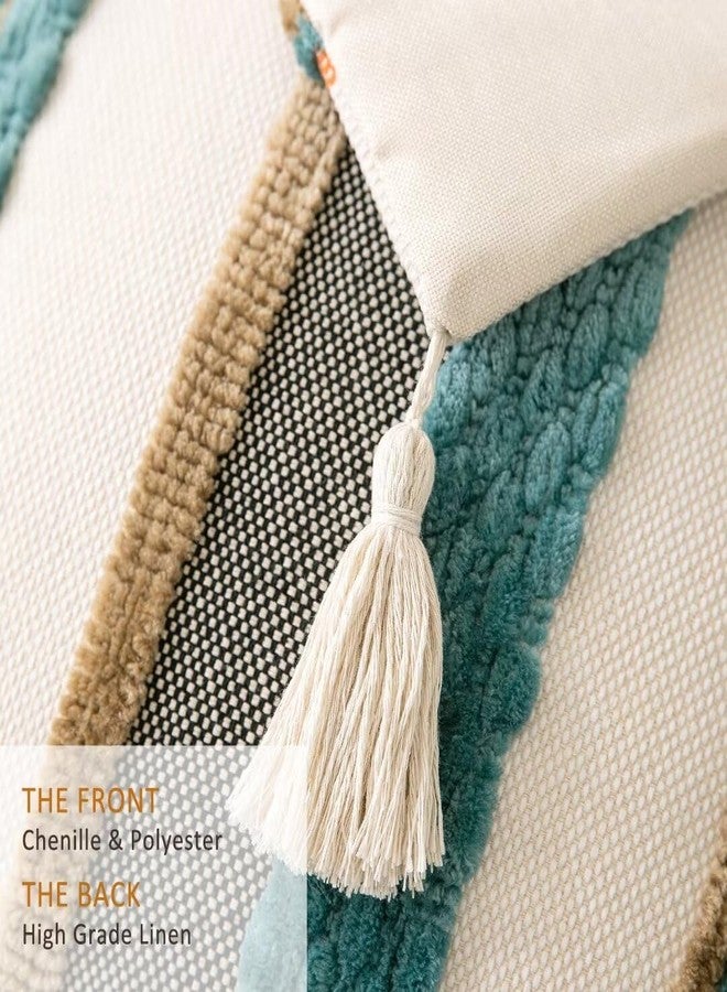 WANLIRD Boho Throw Pillow Covers 18x18 Set of 2 Woven Tufted Farmhouse Pillows Cover with Tassels Textured Striped Cushion Case Neutral Pillow Cases Decorative Pillowcase for Sofa Couch Bed,Blue - Image 2