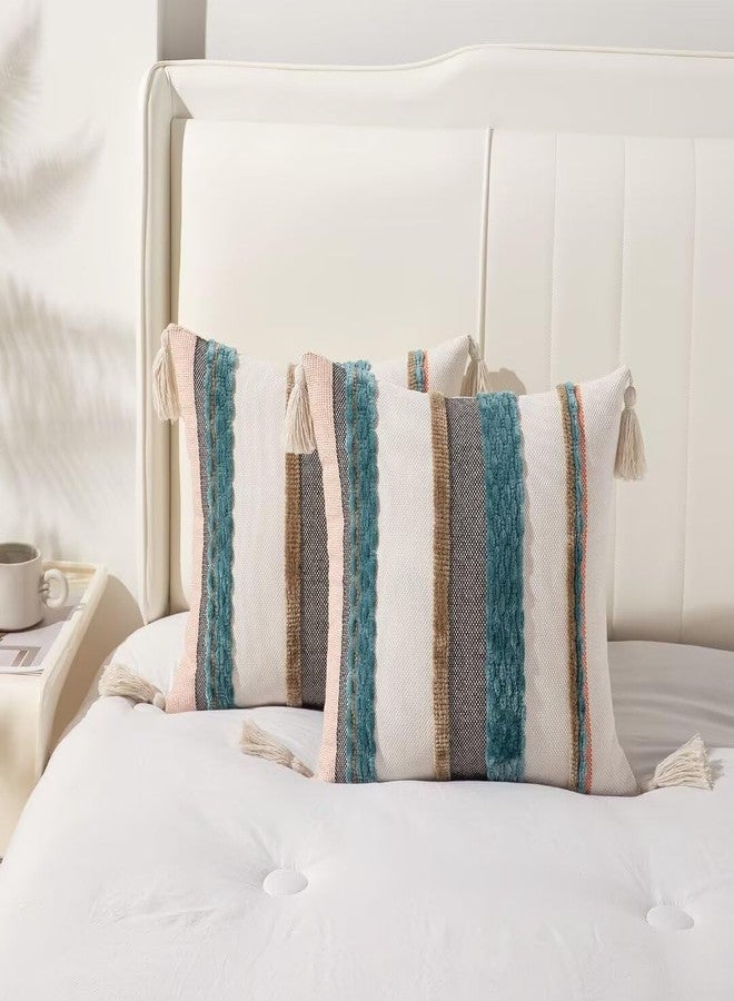 WANLIRD Boho Throw Pillow Covers 18x18 Set of 2 Woven Tufted Farmhouse Pillows Cover with Tassels Textured Striped Cushion Case Neutral Pillow Cases Decorative Pillowcase for Sofa Couch Bed,Blue - Image 5