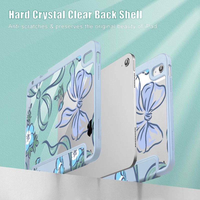 Mektron Case for 2025 iPad 11 inch (A16 Chip) 11th Gen Fit iPad 10th Gen10.9 inch 2022, Buit in Pencil Holder with Shockproof Cover Clear Shell + Trifold Stand, Flowers-Bows-Blue - Image 4