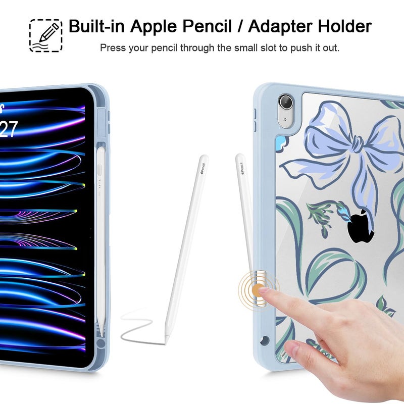 Mektron Case for 2025 iPad 11 inch (A16 Chip) 11th Gen Fit iPad 10th Gen10.9 inch 2022, Buit in Pencil Holder with Shockproof Cover Clear Shell + Trifold Stand, Flowers-Bows-Blue - Image 5