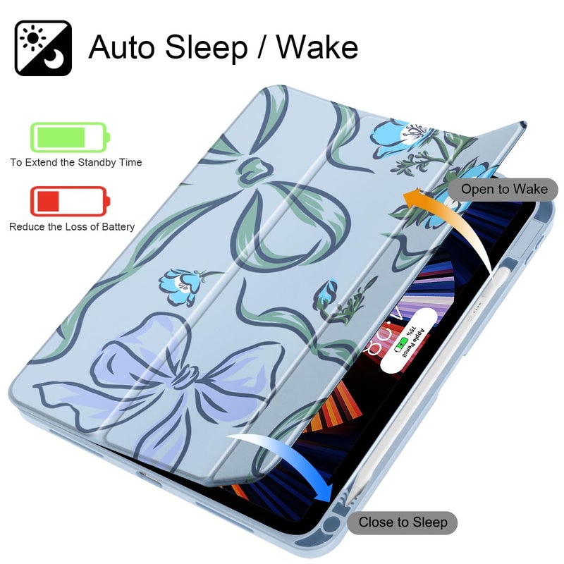 Mektron Case for 2025 iPad 11 inch (A16 Chip) 11th Gen Fit iPad 10th Gen10.9 inch 2022, Buit in Pencil Holder with Shockproof Cover Clear Shell + Trifold Stand, Flowers-Bows-Blue - Image 3