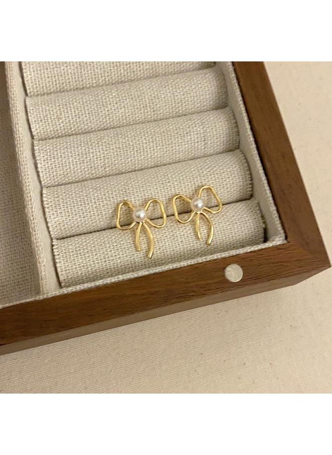 نيبمينينت Silver Bow Pearl Earrings Korean Light Luxury High-end Ear Studs Fashion Elegant All-match 
