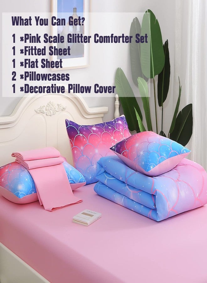 Keyroal 6Pcs Meimaid Scale Comforter Set with Sheets for Teens Girls Kids, Colorful Gradient Glitter Themed Bed in a Bag Full Size, Pink Blue 3D Sparkly Scale Bedroom Decor Bedding Set - Image 4