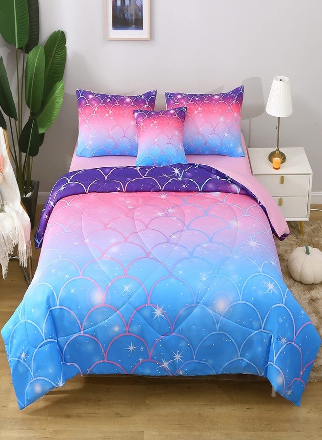 Keyroal 6Pcs Meimaid Scale Comforter Set with Sheets for Teens Girls Kids, Colorful Gradient Glitter Themed Bed in a Bag Full Size, Pink Blue 3D Sparkly Scale Bedroom Decor Bedding Set - Image 2