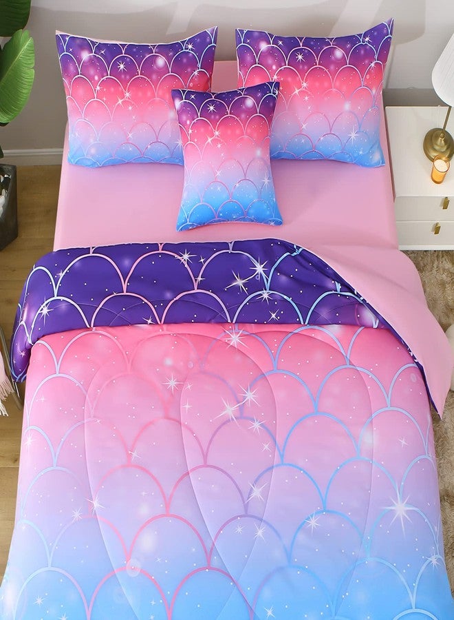 Keyroal 6Pcs Meimaid Scale Comforter Set with Sheets for Teens Girls Kids, Colorful Gradient Glitter Themed Bed in a Bag Full Size, Pink Blue 3D Sparkly Scale Bedroom Decor Bedding Set - Image 3