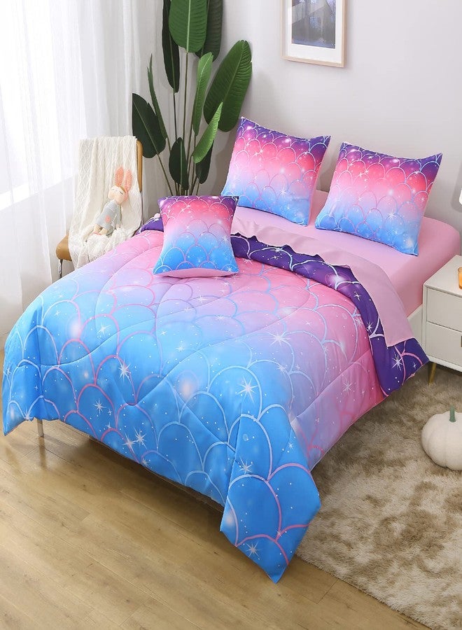 Keyroal 6Pcs Meimaid Scale Comforter Set with Sheets for Teens Girls Kids, Colorful Gradient Glitter Themed Bed in a Bag Full Size, Pink Blue 3D Sparkly Scale Bedroom Decor Bedding Set - Image 1