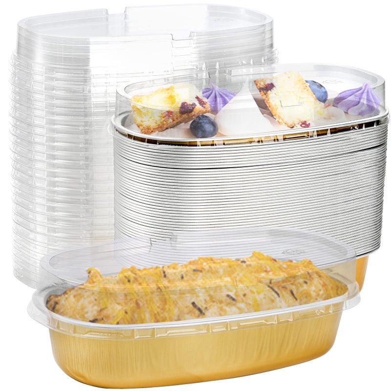 Dicunoy Dicunoy 50 Pack Aluminum Loaf Pans with Lids 65 Disposable Mini Foil Cheesecake Baking Tray Oval Bread Pan for Baking Challah Meatloaf Banana Bread 