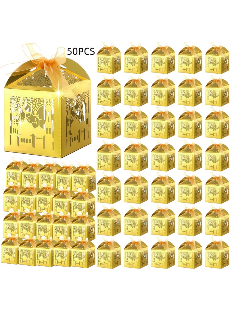 SKT Shiketro ReliThick 50 Pcs Eid Mubarak Candy Box Set Ramadan Gift Castle Boxes with Ribbons Muslim Party Favor Thank You Gift Gold Laser Cut for Eid Islamic Party Birthday Decorations - Image 1