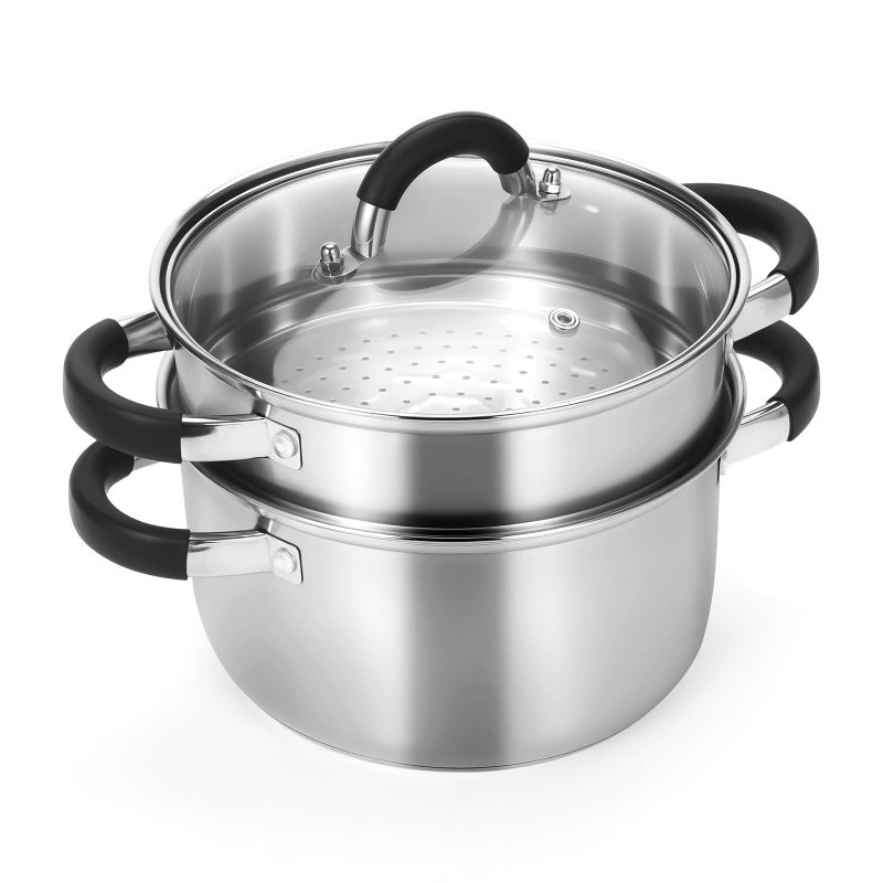 Kirecoo 32QT Steamer for Cooking Stainless Steel Steam Pot with Steamer Basket Cooking Stock Pot with Silicone Handle Lid for Vegetable Dumplings Soup Food 3Ply Bottom Boiling Stew Cookware - Image 2