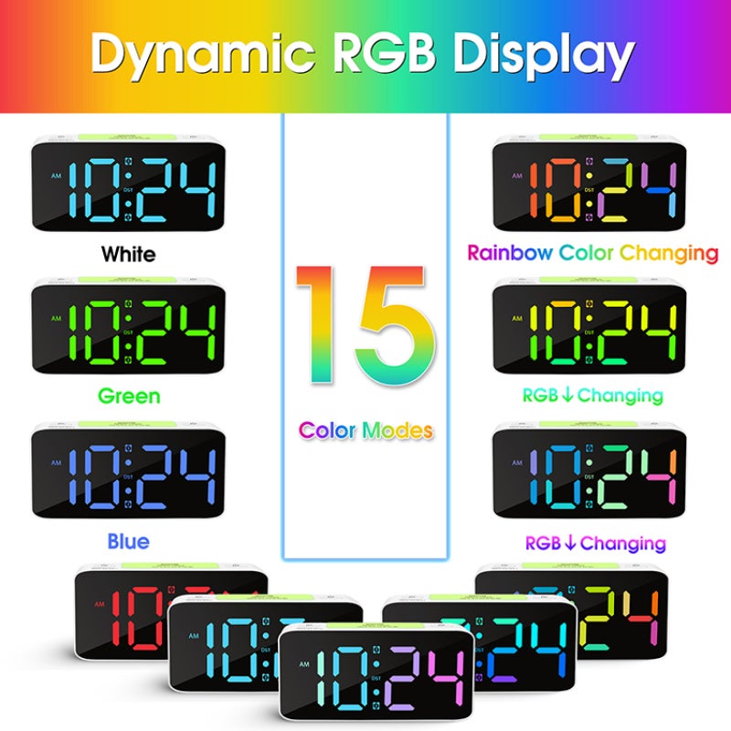 ساعة منبه رقمية: شاشة بيضاء مقاس 7 بوصة، أكثر من 100 مزيج إضاءة RGB - حجم صوت قابل للتعديل 115 ديسيبل، منافذ USB مزدوجة لغرفة النوم والمكتب للنائمين العميق والطلاب - Image 3