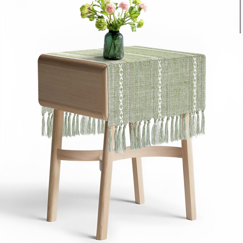 tiosggd Boho Table Runner Short 15.7 x 36 inch, Spring Sage Green Coffee Table Cover, Green Linen Small Table Cloth, Dresser Runner Scarf for Nightstand, Bedside End Table, Rustic Farmhouse Easter Home Decor - Image 1