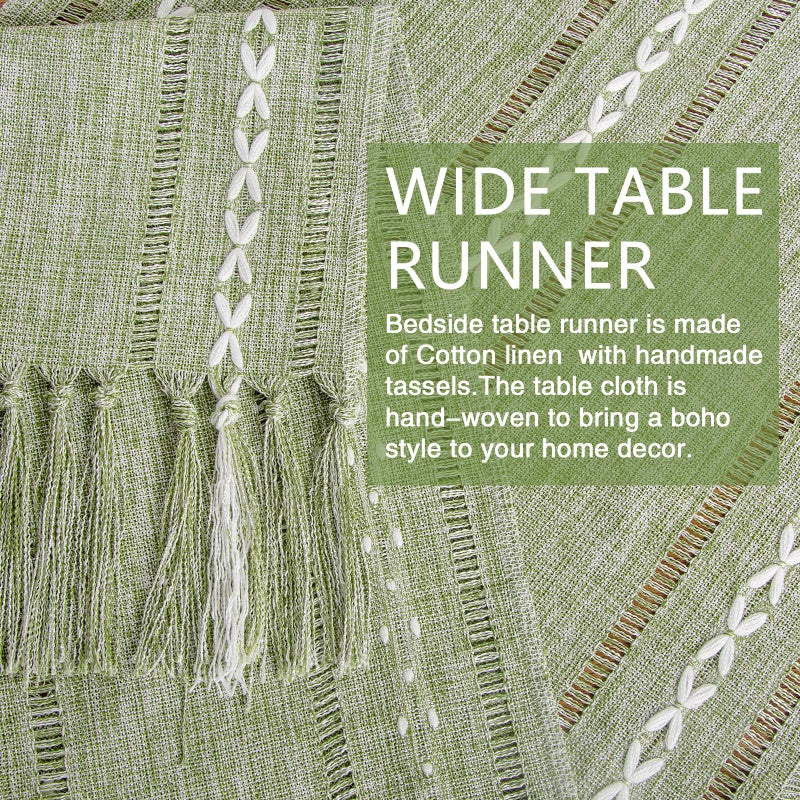 tiosggd Boho Table Runner Short 15.7 x 36 inch, Spring Sage Green Coffee Table Cover, Green Linen Small Table Cloth, Dresser Runner Scarf for Nightstand, Bedside End Table, Rustic Farmhouse Easter Home Decor - Image 4