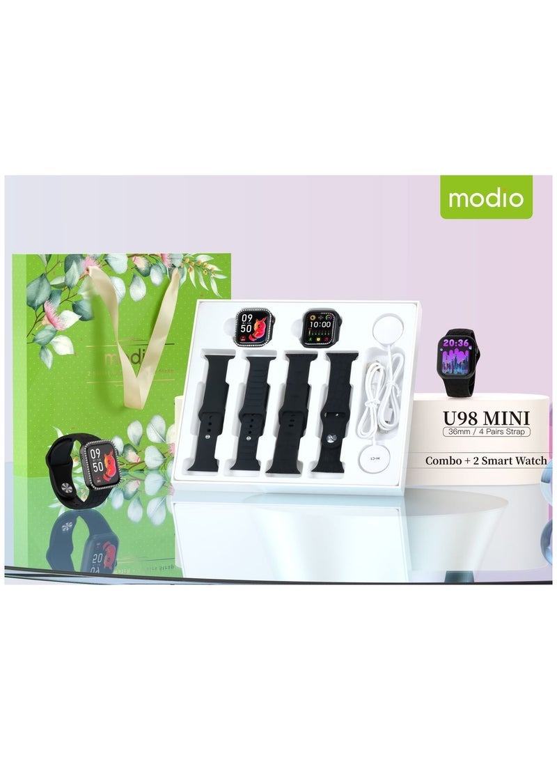 Modio U98 MINI 36mm Smartwatch Combo for Ladies and Girls – Stylish Black Smart Watch with 4 Interchangeable Straps and Wireless Charger – Compact Display, Fitness Tracking, Call Alerts, and Elegant Design for Daily Wear and Fashion Flexibility - Image 1
