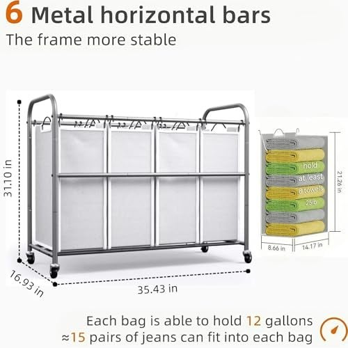 ROMOON Laundry Hamper Sorter Cart: 4-Section Organizer with Heavy-Duty Lockable Wheels and Removable Bags | 180L Rolling Laundry Basket for Dirty Clothes in Laundry Room or Small Spaces (Gray) - Image 5