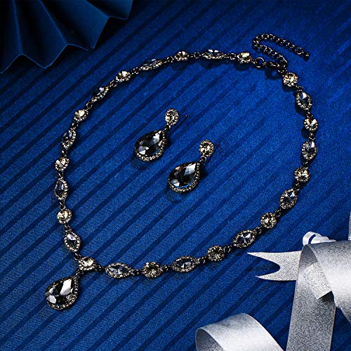 EleQueen Women's Wedding Bridal Jewelry Set for Brides Bridesmaids, Crystal Teardrop Necklace Dangle Earrings Jewellery for Party Prom Grey Color Black-Tone - Image 3