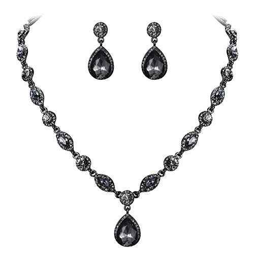 EleQueen Women's Wedding Bridal Jewelry Set for Brides Bridesmaids, Crystal Teardrop Necklace Dangle Earrings Jewellery for Party Prom Grey Color Black-Tone - Image 1