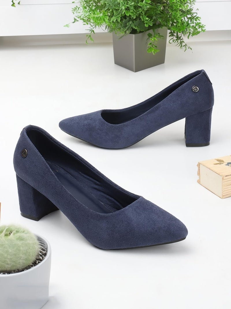 Carlton London Women Navy Blue Stylish Slip-on Pump Shoes with Block Heels, Pointed Toe for Party and Formal Occasions (39) - Image 4