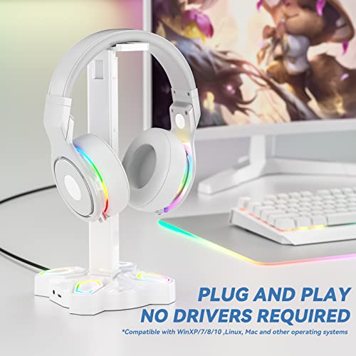 KDD Gaming Headphones Stand Rotatable Headset Stand with Light Modes Controller Holder with 2 USB Charging Ports and 35mm Earphone Hanger Accessories for Desktop GamerWhite - Image 3